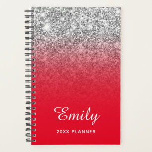 Bright Red Silver Glitter Ombre Personalised Planner