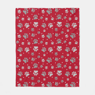 Bright Red & Silver Gray Paw Prints Fleece Blanket