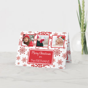 Bright Red Snowflake 3 Photo Collage Personalise Holiday Card
