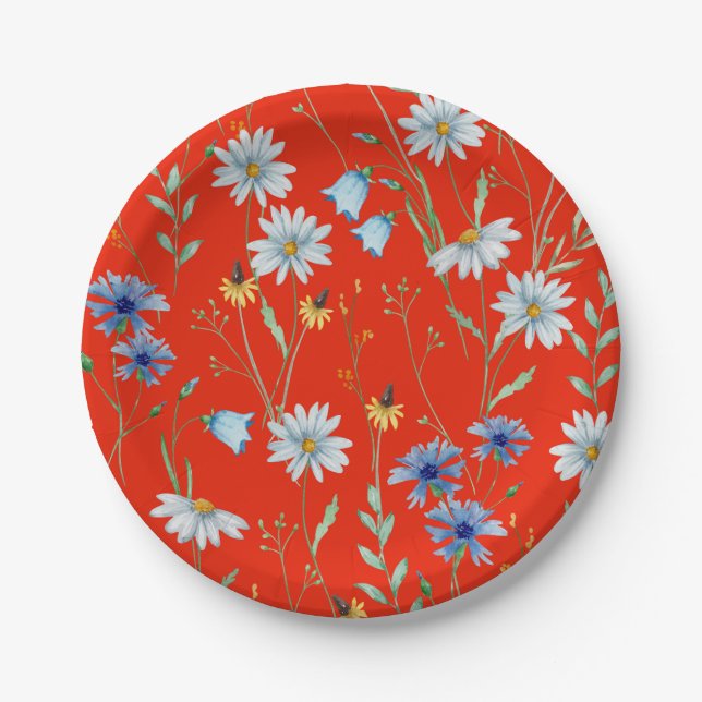 Bright Red Summer Floral Paper Plate (Front)
