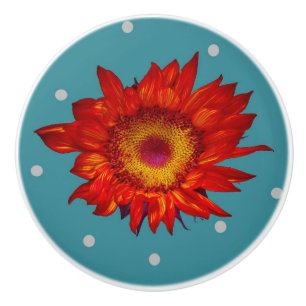 Bright Red Sunflower on Blue Ceramic Pull Knob