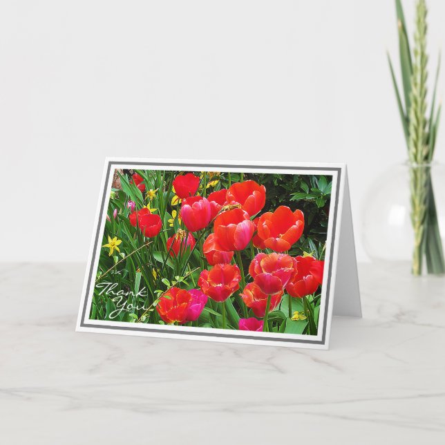 Bright Red Tulips Against Green Foliage Card (Front)