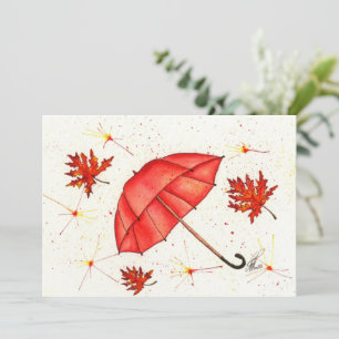 Bright red umbrella and red leaves watercolor