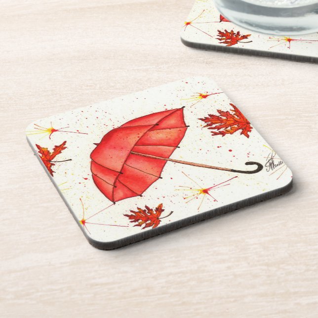 Bright red umbrella and red leaves watercolor coaster (Left Side)