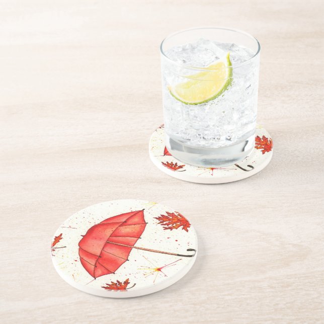 Bright red umbrella and red leaves watercolor coaster (Side)