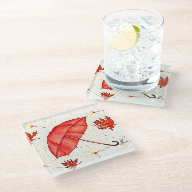Bright red umbrella and red leaves watercolor glass coaster (Angled)