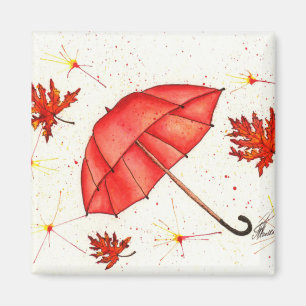 Bright red umbrella and red leaves watercolor magnet