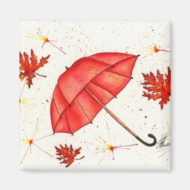 Bright red umbrella and red leaves watercolor magnet (Front)