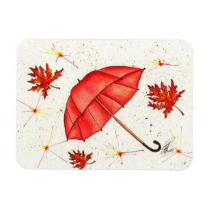 Bright red umbrella and red leaves watercolor magnet