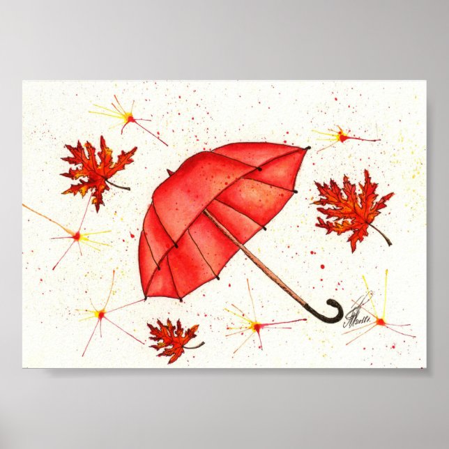 Bright red umbrella and red leaves watercolor poster (Front)