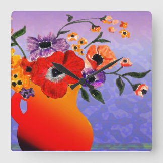 Bright Red Vase of Flowers Square Wall Clock