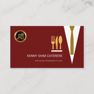 Bright Red Waiter's Suit Gold Cutlery Caterer Business Card