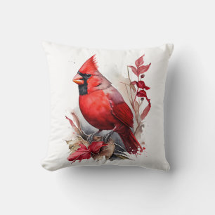 Bright Red Watercolor Winter Cardinal Bird Cushion