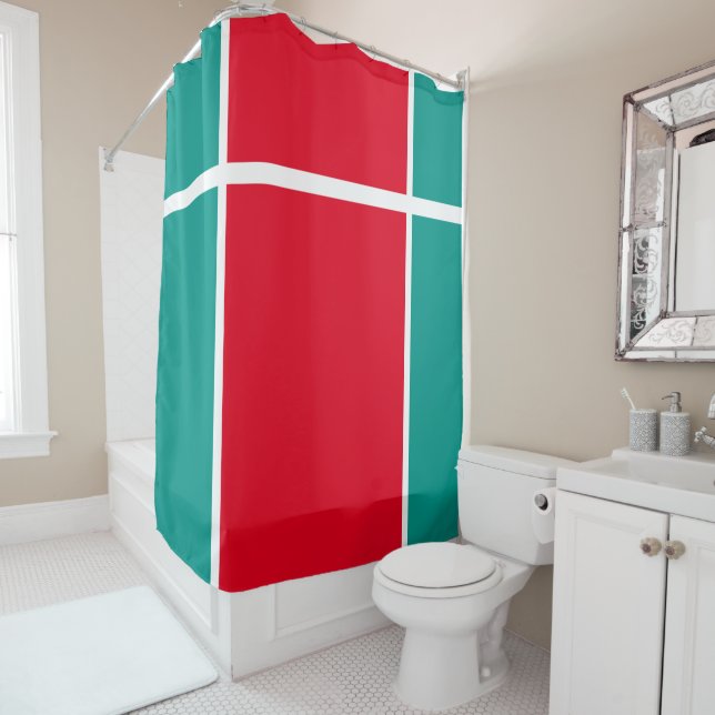 Bright Red White Aqua Teal Split Racing Stripes Shower Curtain (In Situ)