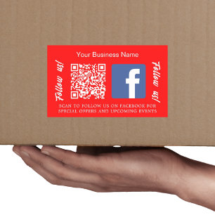 Bright red white business name qr code Facebook Rectangular Sticker