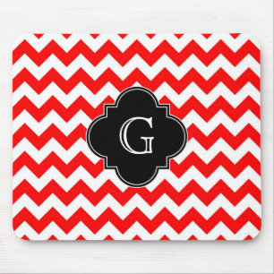Bright Red White Chevron Black Quatrefoil Monogram Mouse Mat