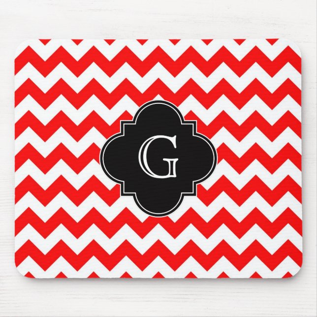 Bright Red White Chevron Black Quatrefoil Monogram Mouse Mat (Front)