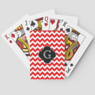 Bright Red White Chevron Black Quatrefoil Monogram Playing Cards