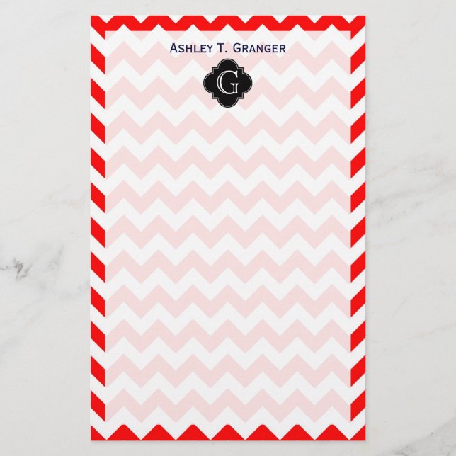Bright Red White Chevron Black Quatrefoil Monogram Stationery (Front)