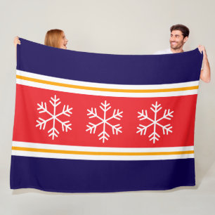 Bright Red White Navy Stripes Triple Snowflakes Fleece Blanket