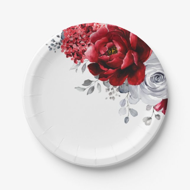 Bright Red White Silver Metallic Floral Wedding Paper Plate (Front)