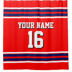 Bright Red with Navy White Stripes Sports Jersey Shower Curtain