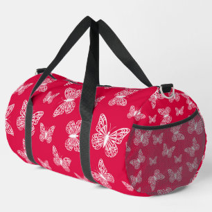BRIGHT RED WITH WHITE FLYING BUTTERFLIES DUFFLE BAG