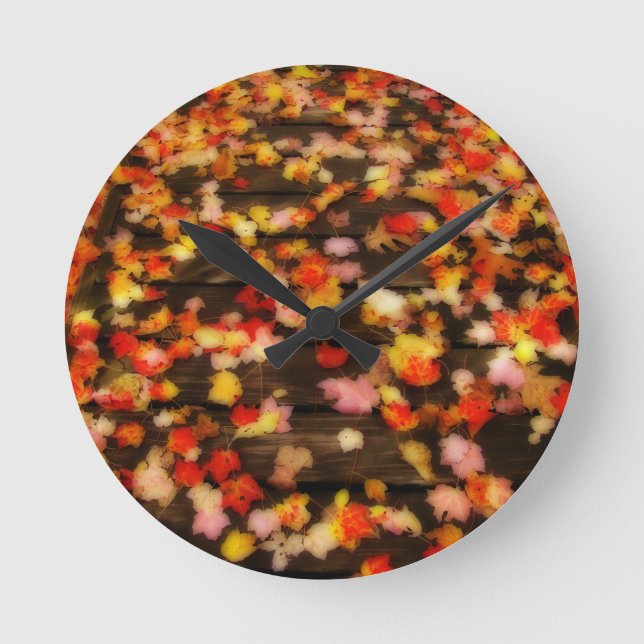 Bright Red Yellow Autumn Maple Leaves Round Clock (Front)