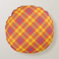 Bright Red Yellow Blue Plaid Round Pillow, Cushion