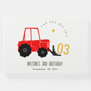 Bright Red Yellow Digger Kids Any Age Birthday Guest Book