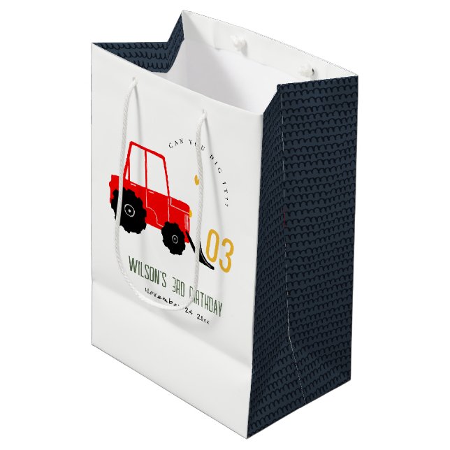 Bright Red Yellow Digger Kids Any Age Birthday Medium Gift Bag (Front Angled)