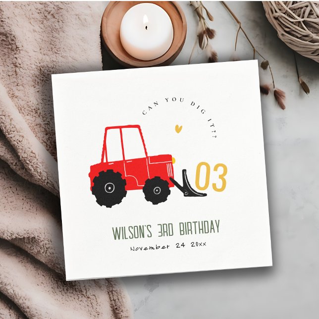 Bright Red Yellow Digger Kids Any Age Birthday Napkin (Creator Uploaded)