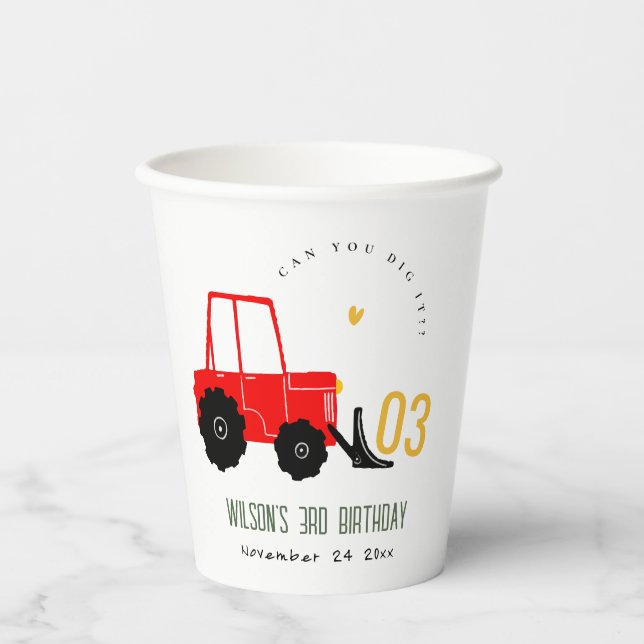 Bright Red Yellow Digger Kids Any Age Birthday Paper Cups (Front)