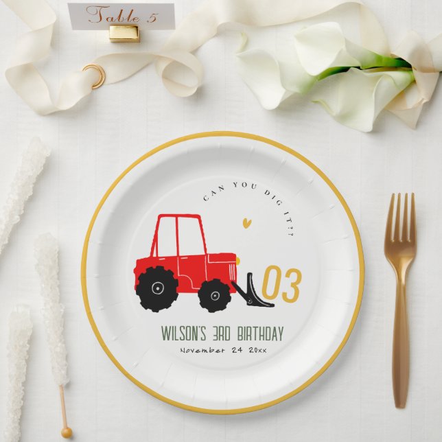 Bright Red Yellow Digger Kids Any Age Birthday Paper Plate (Wedding)