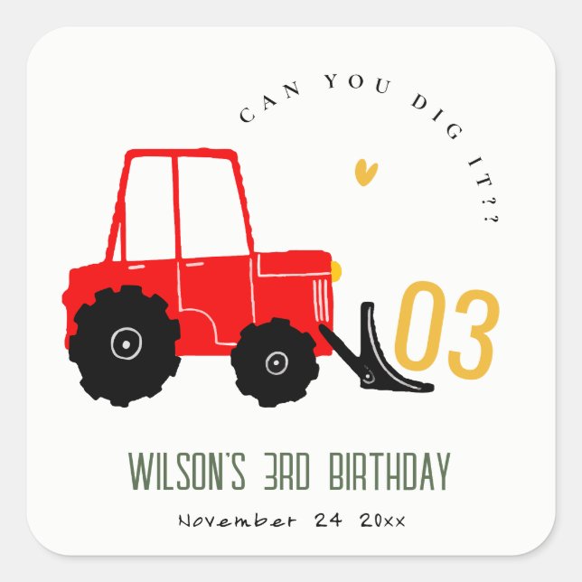 Bright Red Yellow Digger Kids Any Age Birthday Square Sticker (Front)