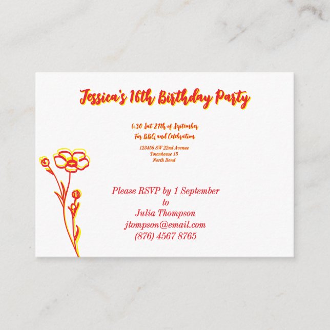 Bright Red & Yellow Floral 16th Birthday Enclosure Card (Front)