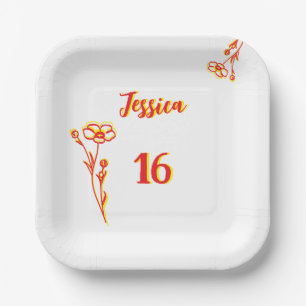 Bright Red & Yellow Floral 16th Birthday Paper Plate