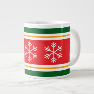 Bright Red Yellow White Green Stripes Snowflakes Large Coffee Mug
