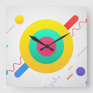 Bright retro 80s colours shapes square wall clock