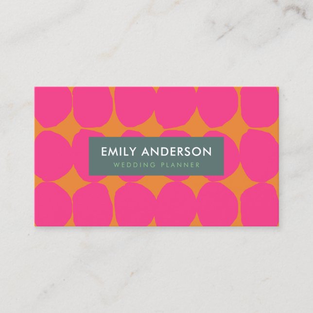 BRIGHT RETRO BIG HAND DRAWN PINK ORANGE POLKA DOTS BUSINESS CARD (Front)