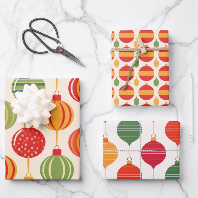 Bright Retro Christmas Ornament Wrapping Paper (Front)