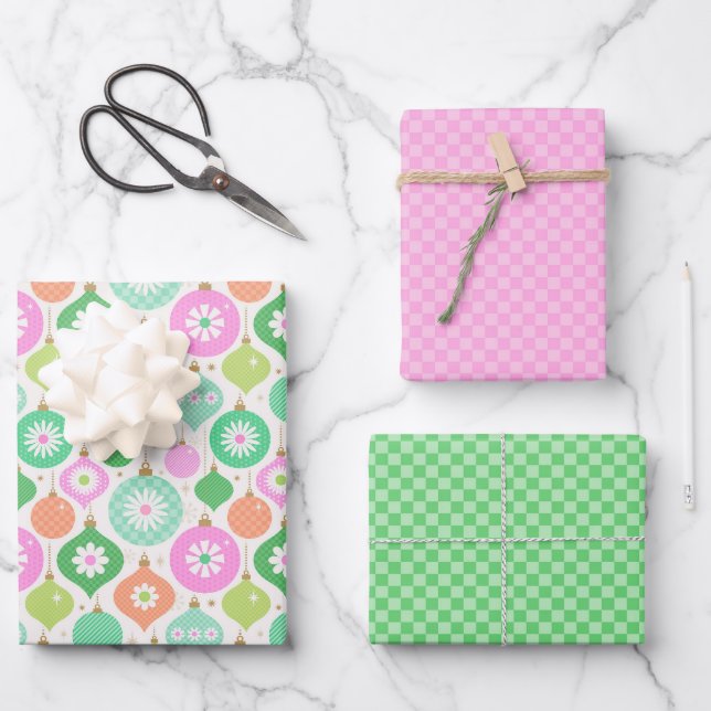 Bright Retro Christmas Ornaments & Checks Pattern Wrapping Paper Sheet (Front)