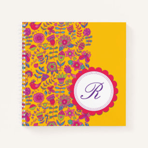 Bright Retro Floral Blooms with Monogram Notebook