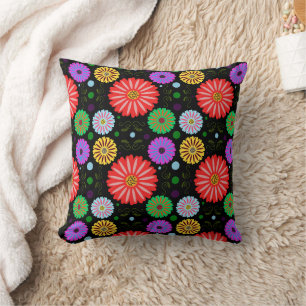 Bright Retro Floral Pattern Colourful Folk Art Cushion