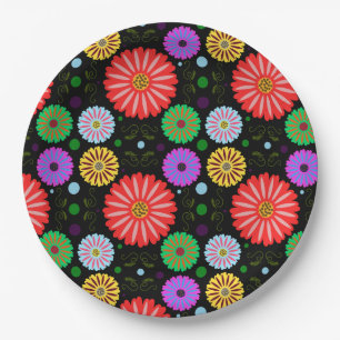 Bright Retro Floral Pattern Colourful Folk Art  Paper Plate