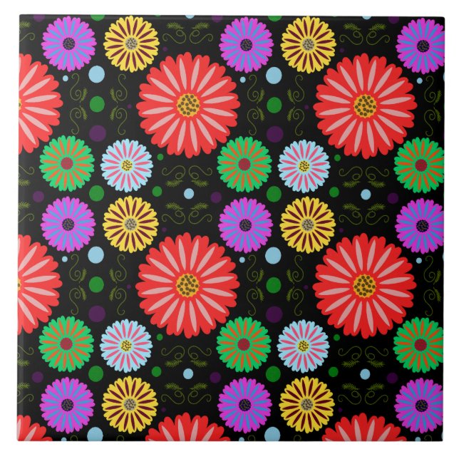 Bright Retro Floral Pattern Colourful Folk Art  Tile (Front)