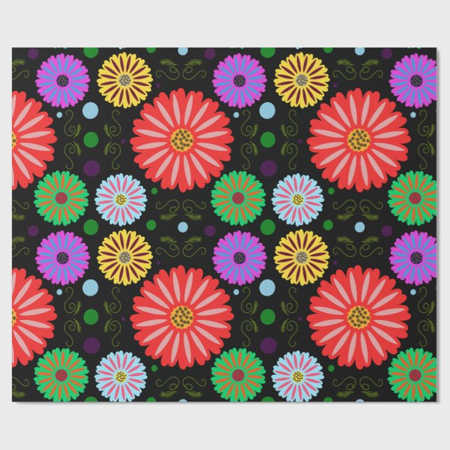 Bright Retro Floral Pattern Colourful Folk Art  Wrapping Paper (Flat)