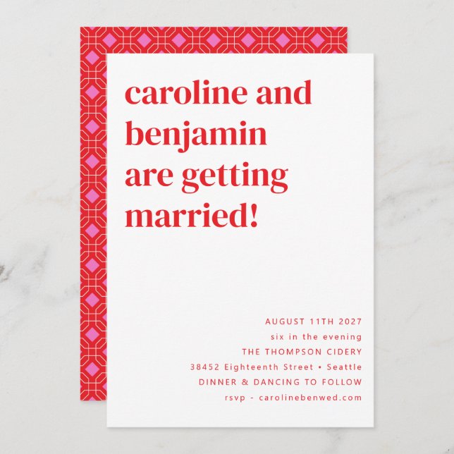 Bright Retro Red Pink Geometric Wedding All in One Invitation (Front/Back)