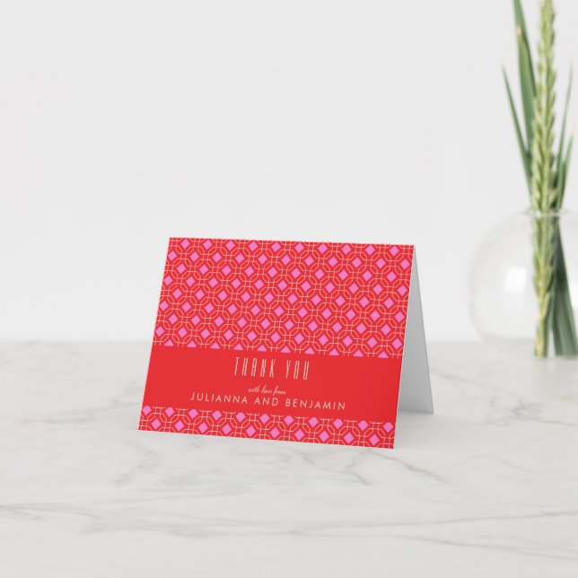 Bright Retro Red Pink Geometric Wedding Folded Thank You Card (Front)