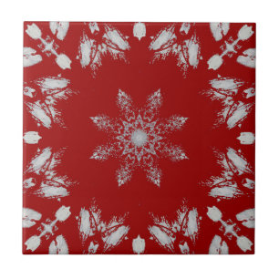 Bright rich red silver star flower geometric tile